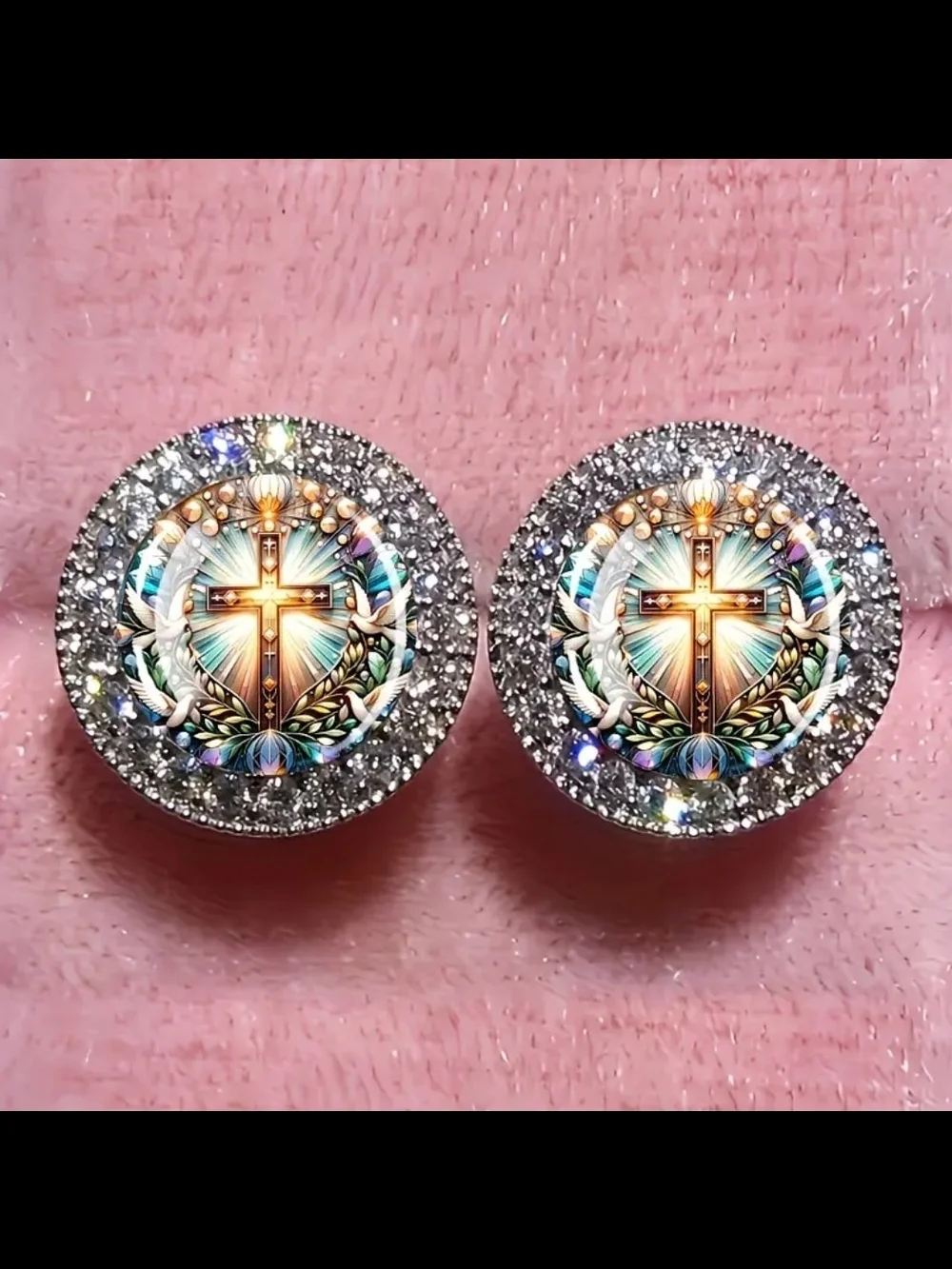 Christian Cross Sparkling Stud Earrings in Multicolor and Silver